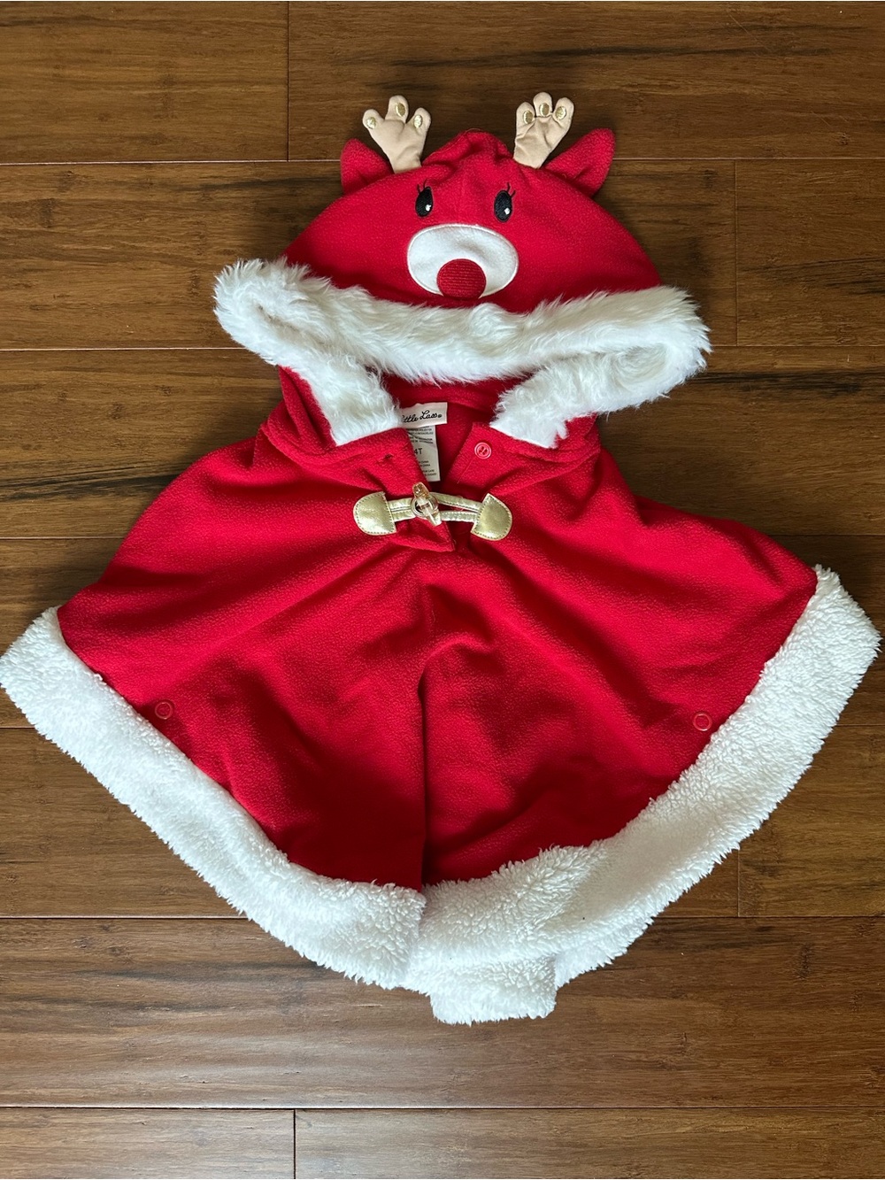Little Lass Red Hooded Reindeer Cape Christmas with White Faux Fur Trim